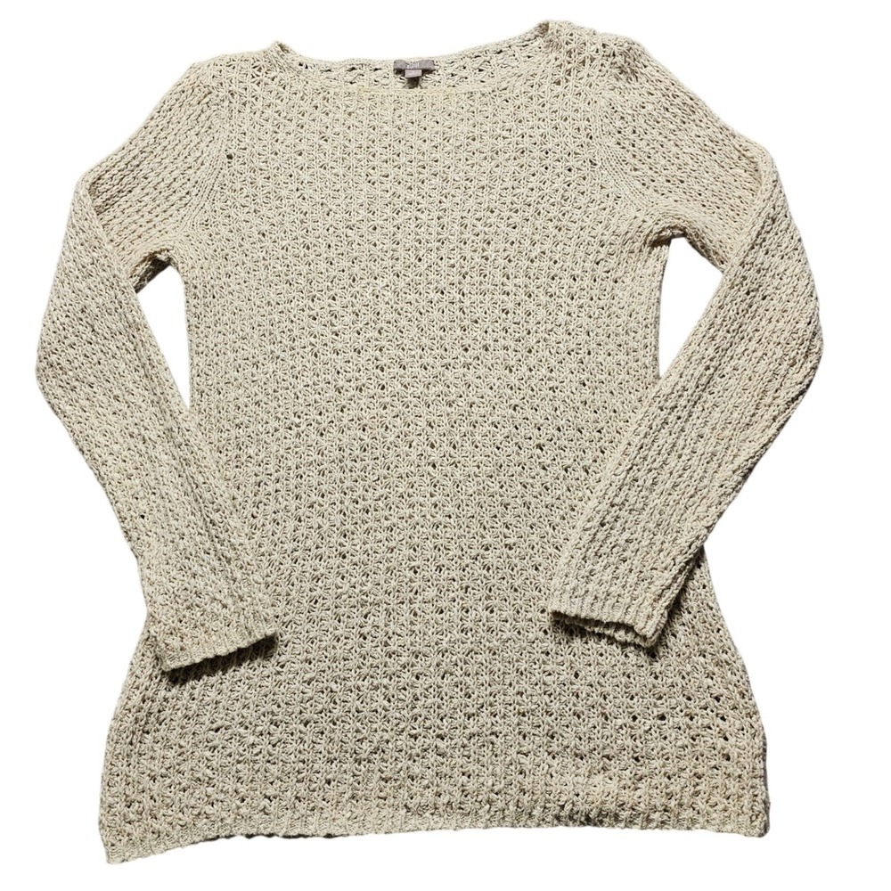 J.Jill Womens Oatmeal Beige Cotton Linen Open Knit Boat Neck Sweater Size M